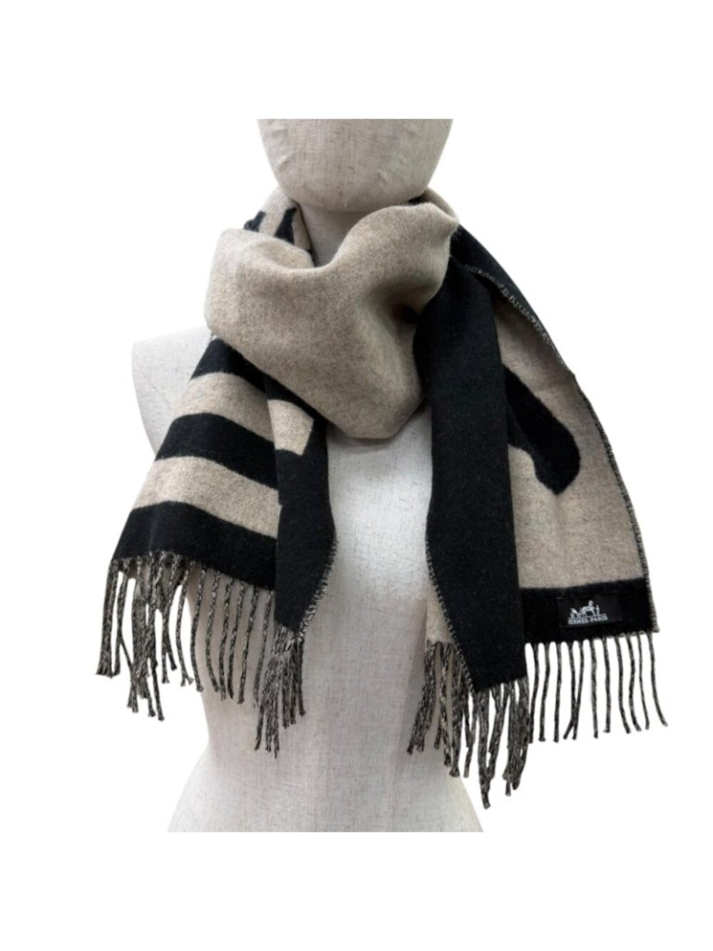 Hermes Love Story Scarf Cashmere with Fringe Horse Pattern Black Beige - Picture 6 of 10